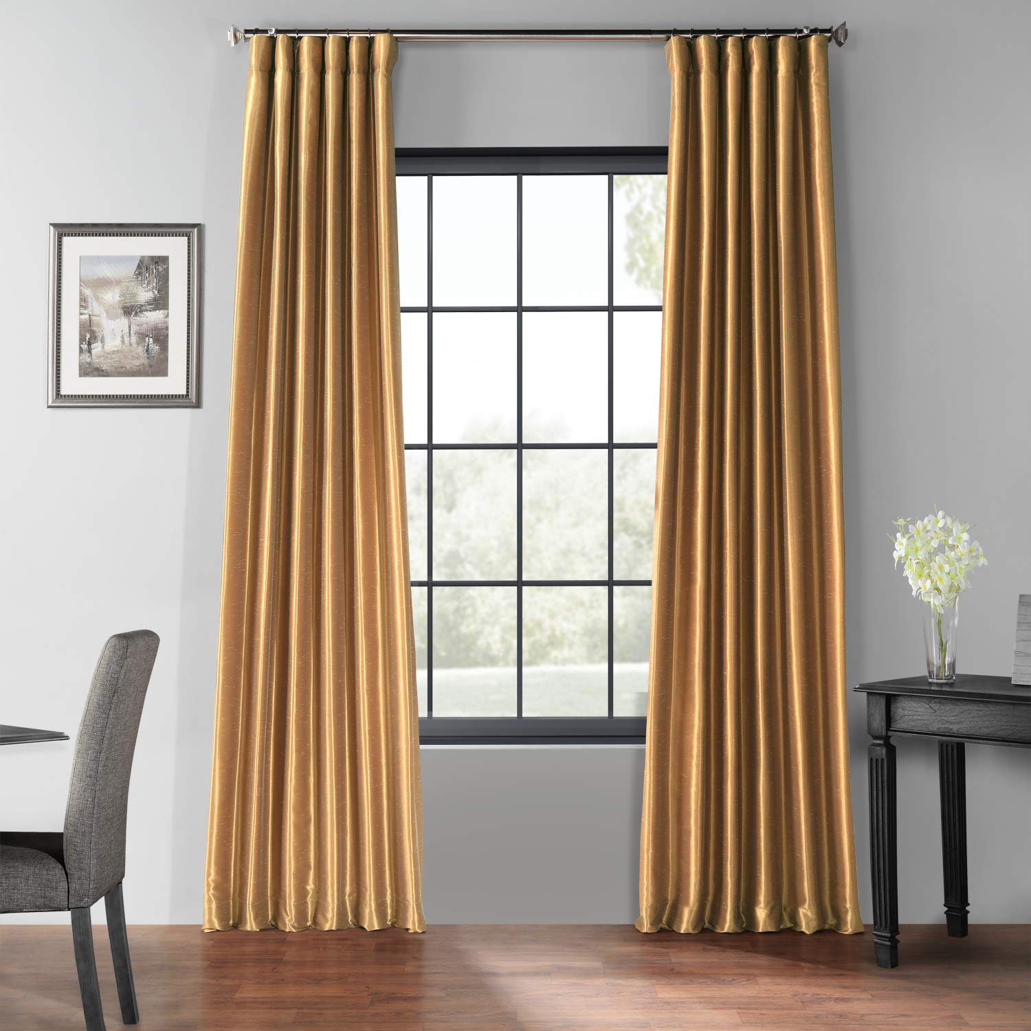 Photo 1 of HPD Half Price Drapes Faux Silk Blackout Curtains 96 Inches Long for Bedroom & Living Room Vintage Textured Blackout Curtain (1 Panel), 50W x 96L, Flax Gold
