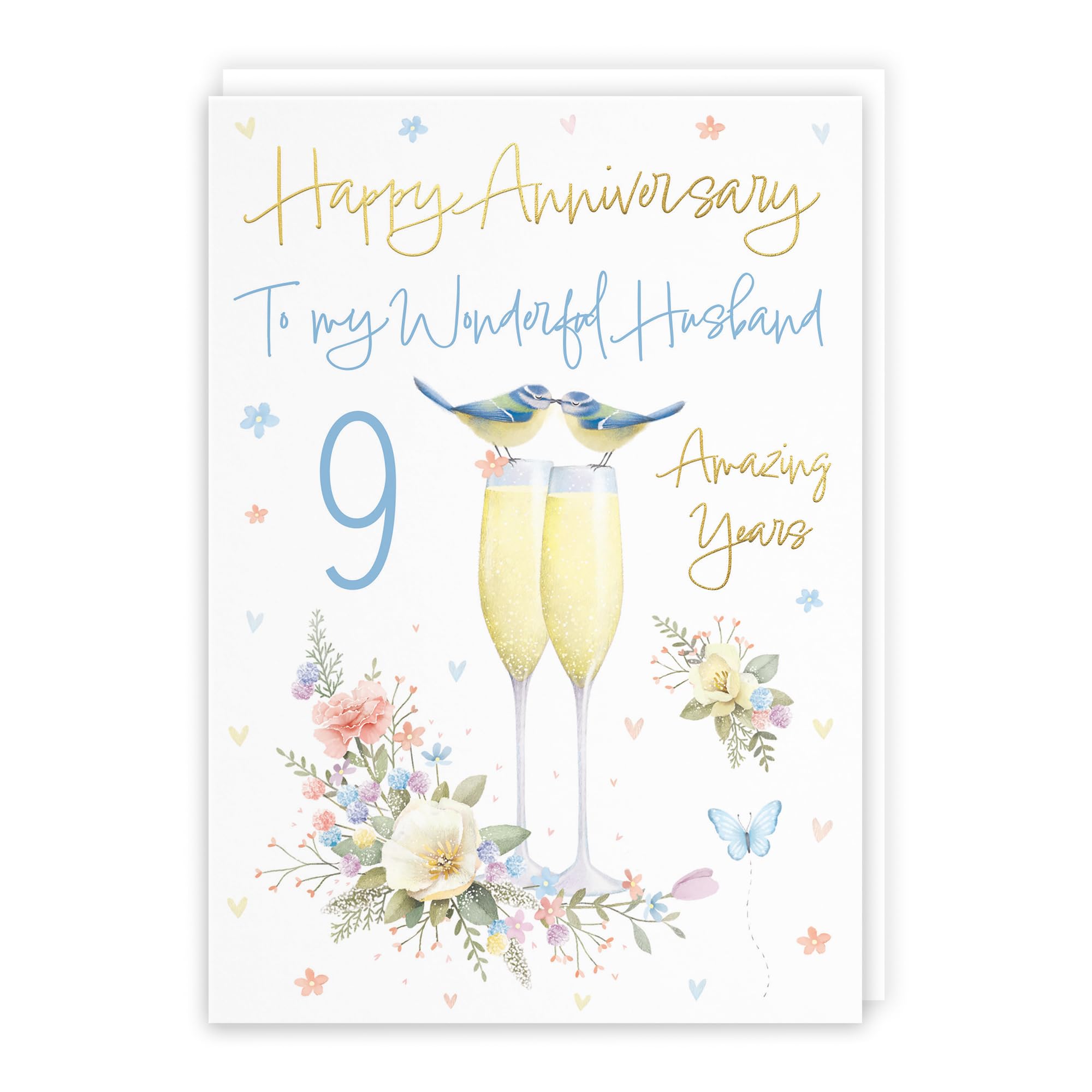 Hunts England - Husband 9th Anniversary Card - A5 Size - Champagne Flutes - Gold Foil - Luxury 9th Anniversary Card For Husband - Nine Years - 9th Anniversary - Milo's Gallery
