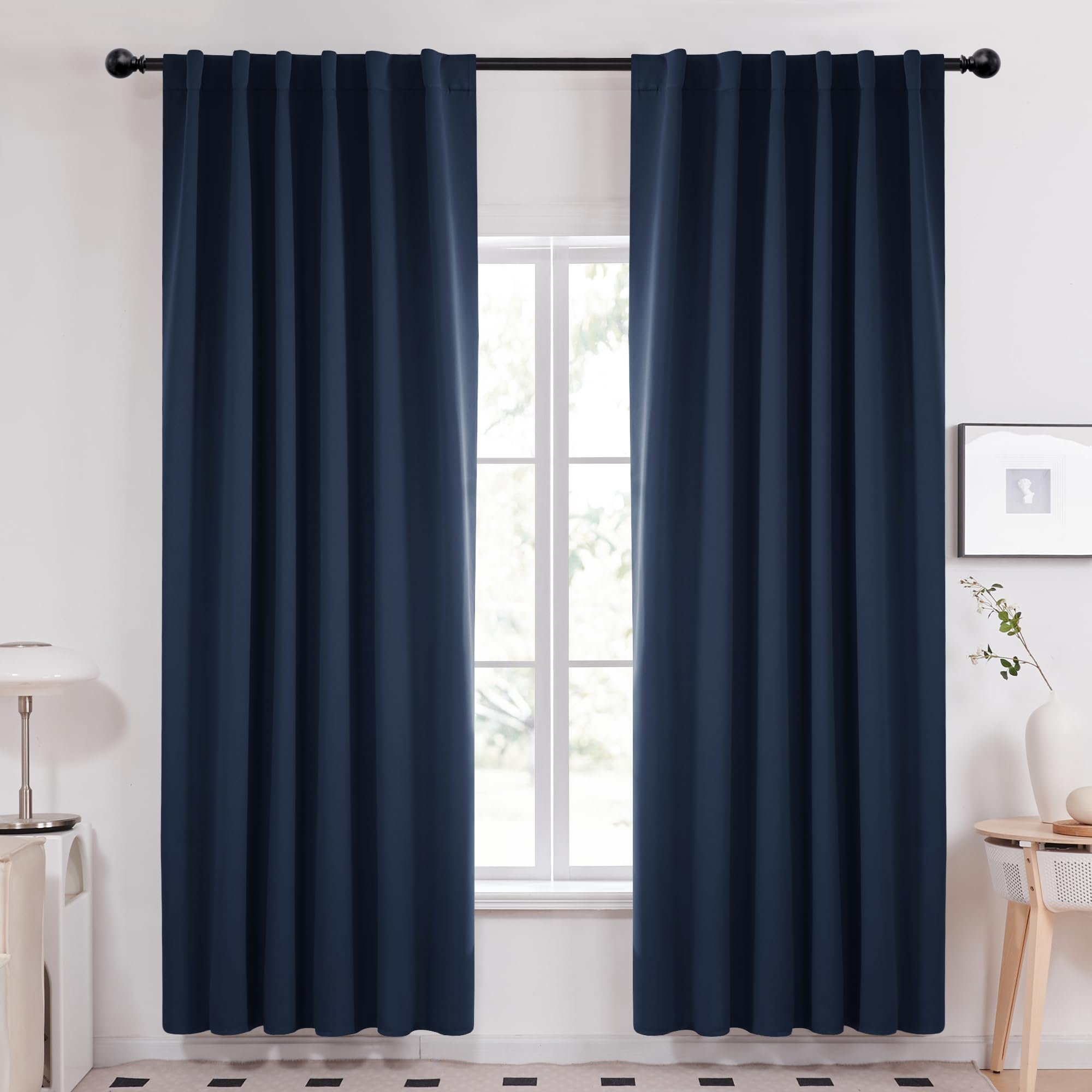 Photo 1 of Deconovo Solid Back Tab and Rod Pocket Curtains Blackout Curtains Thermal Insulated Drapes Room Darkening Curtains for Living Room 52Wx84L Inch Navy Blue 2 Panels