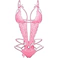 Donnalla Women's Deep V Lace Teddy One Piece Lingerie Cutout Strappy Lingerie