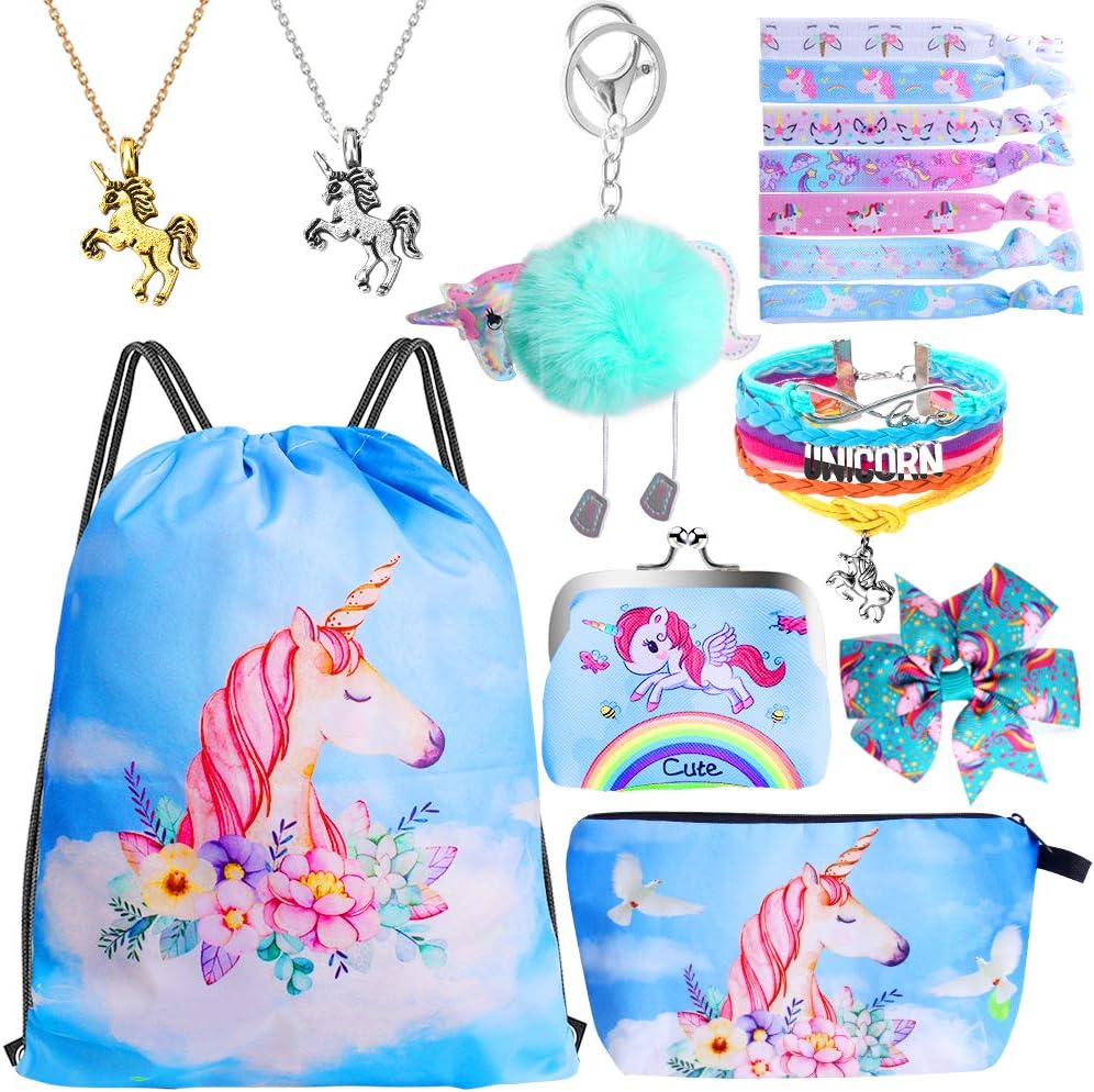 Standie 15PCS Drawstring Backpack for Unicorn Gift for Girls Include Makeup Bag Bracelet Necklace Set Hair Ties for Unicorn Party Favors (Blue)