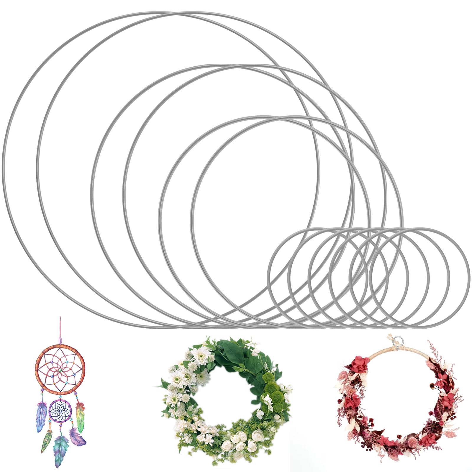 TOTSUN 12 PCS Metal Craft Rings, Silver Metal Floral Hoop Wreath Decorative Hanging Wreaths Round Rings Dream Catcher Hoops for DIY Arts and Crafts Projects (4 Sizes)