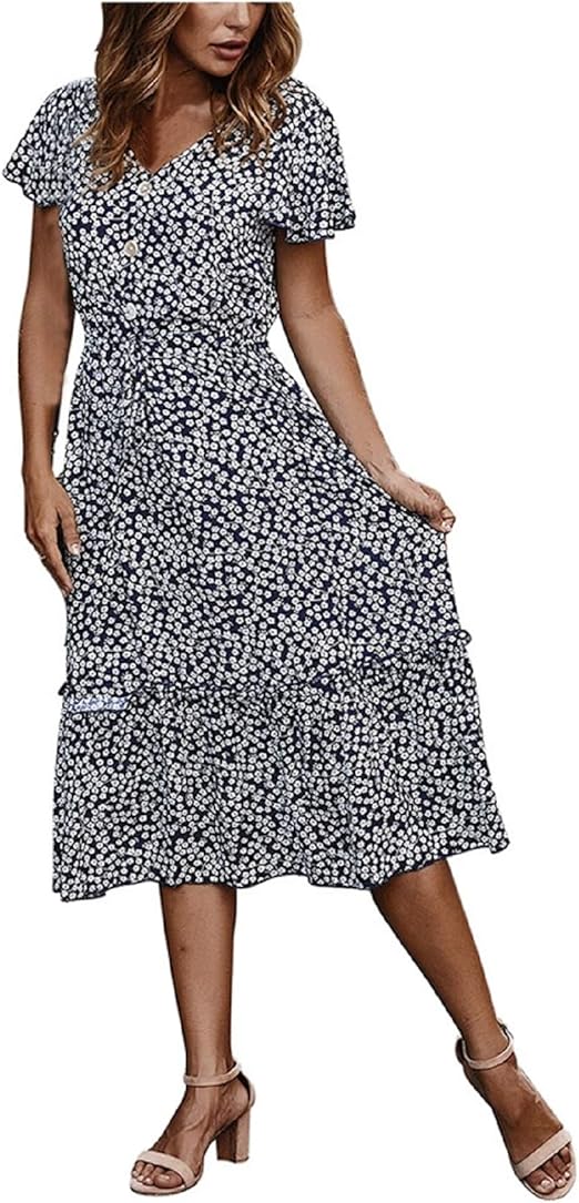 Amazon.com: Women's Boho V-Neck Ruffle Short Sleeve Button Down Aline Loose Swing Casual T-Shirt 