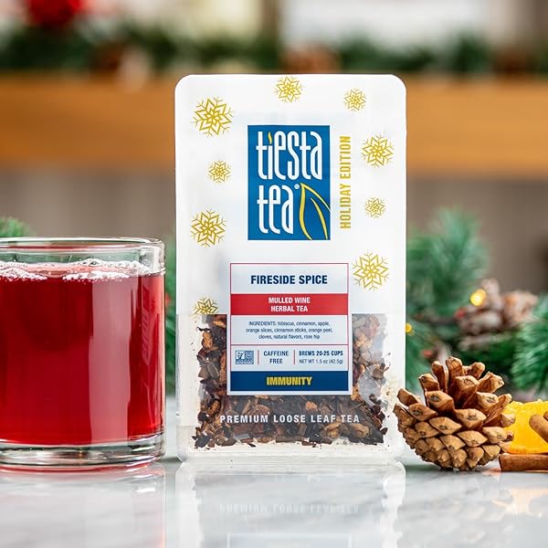 TIESTA TEA – FIRESIDE SPICE, LOOSE LEAF, MULLED WINE HERBAL TEA, PREMIUM NON-CAFFEINATED HOLIDAY BLEND, MAKE HOT OR ICED, BREWS UP TO 25 CUPS, 1.5 OUNCE RESEALABLE POUCH