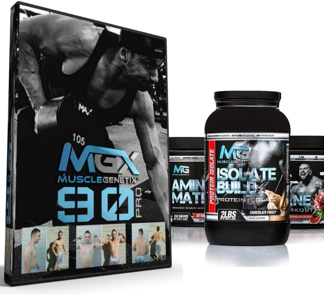 MGX 90 Pro 90 Day Muscle Building Fitness Program, Female + MGX Insane Pre-Workout Energy & Endurances Booster 438 Grams Watermelon + Isolate Build 2lb Vanilla + Amino Matrix 350gr Strawberry Kiwi
