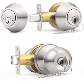 Probrico Satin Nickel Entry Door Knob and Double Cylinder Deadbolt Combo Pack, Keyed on Both Sides, Front Door and Exterior Gate Lockset Hardware