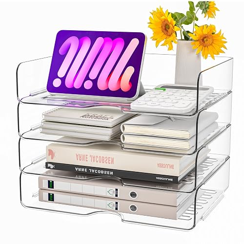 StowBin 4 Pack A4 Acrylic Document Tray – Stackable Letter Organiser, Transparent Premium Clear Filing Trays for Office, Home, School (Sturdy Design)