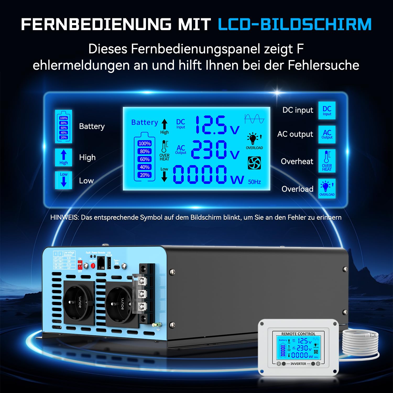 OLTEANP 3500W/7000W Wechselrichter 12V auf 230V Reiner Sinus Spannungswandler Power Inverter mit 2 AC Steckdosen,Type-C&USB Anschlüsse,LCD-Bildschirm-Fernbedienung,Für Wohnmobil Wohnwagen 3