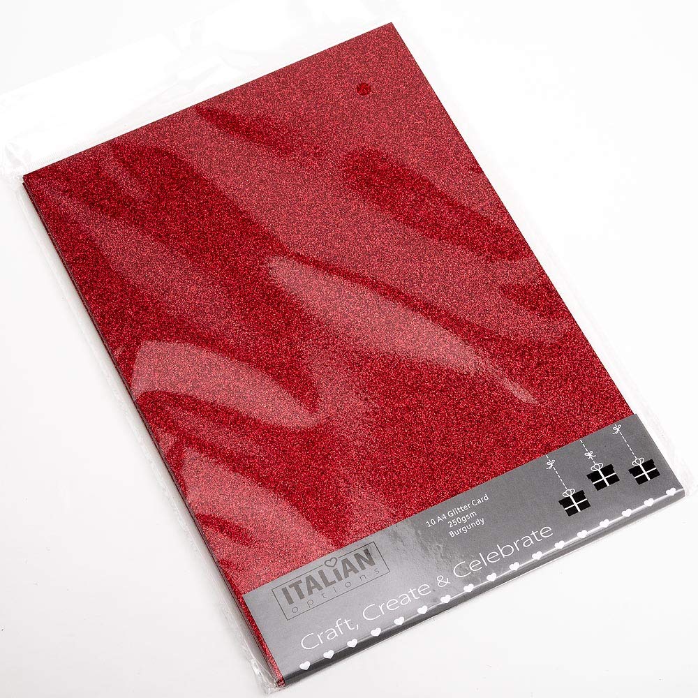 Italian Options Non-Shed Glitter Cardstock Paper, Sturdy Glitter Card for Electronic Die-Cutter Machines, Christmas Crafts and Card Making Supplies, 10 Coloured Sheets, A4, 250gsm, Burgundy