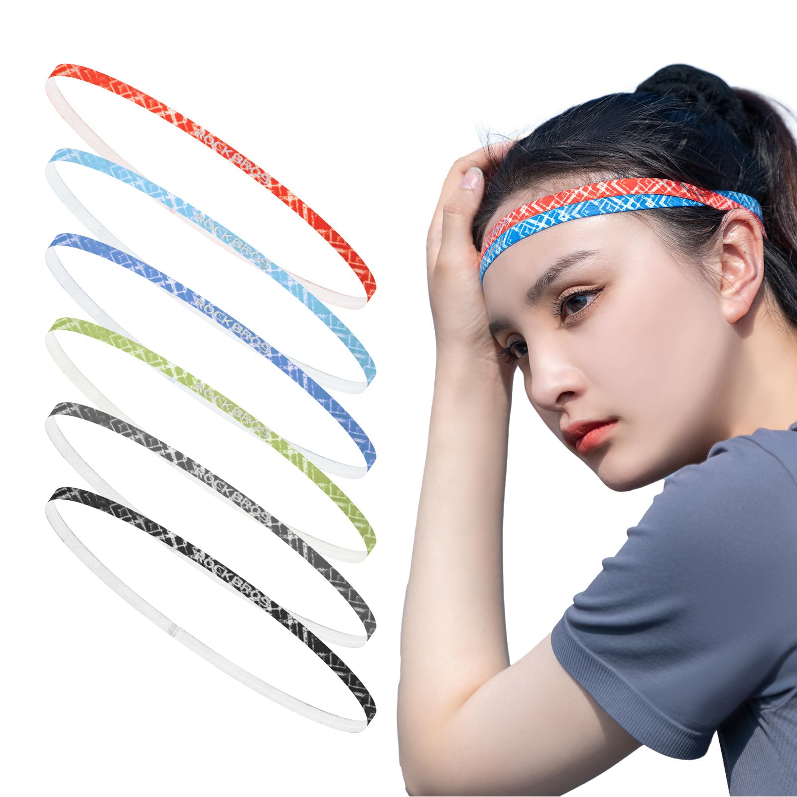 ROCKBROS Headband Sports Sweatband Hair Band 6 Pieces 50-76 cm Elastic Non-Slip Thin Headbands Women & Men for Yoga Cycling Fitness Jogging