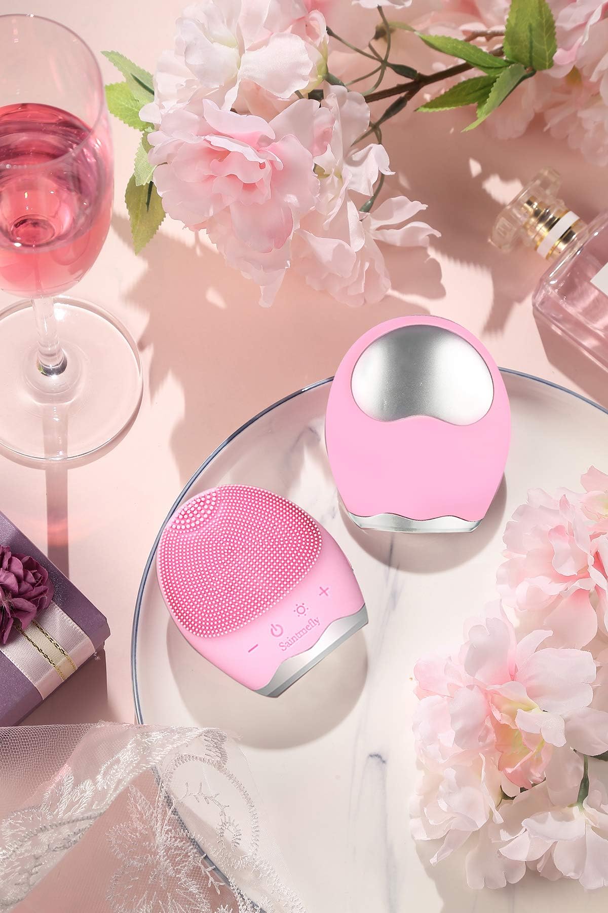 Saintmefly Silicone Facial Cleansing Brush 3-D Acoustic Vibration Technology and 45℃ Hot Anion Import for Deep Cleaning, Removing Blackhead and Massage