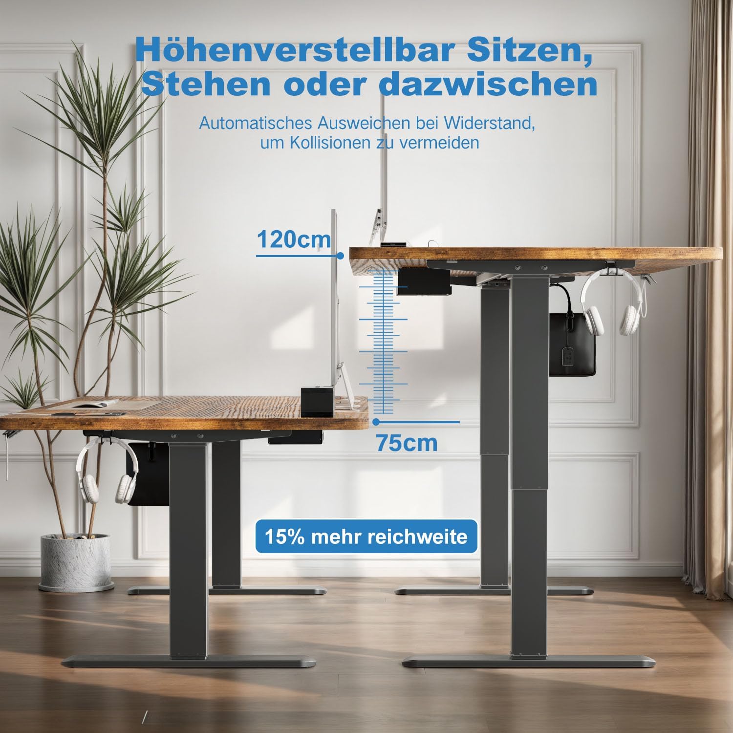Devoko Höhenverstellbarer Schreibtisch mit 2 Motoren，25mm Einteilige Tischplatte, 160x80 cm Mobiler Elektrisch Computertisch mit Kabel Management, Vintagebraun - Perfekte Ergonomie für Dein Büro 2