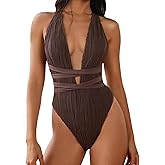 ZAFUL Women's One Piece Swimsuit Deep V Neck Ribbed Self Tie Sexy High Cut Bathing Suit Crisscross Back Swimwear