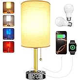 Bedside Desk Lamp for Bedroom, Table Lamp with USB A & USB C Fast Charging Ports & 2 AC Power Outlets, Alarm Clock Base, Round Black Fabric Lampshade Modern Nightstand Lamp for Living Room Home Office