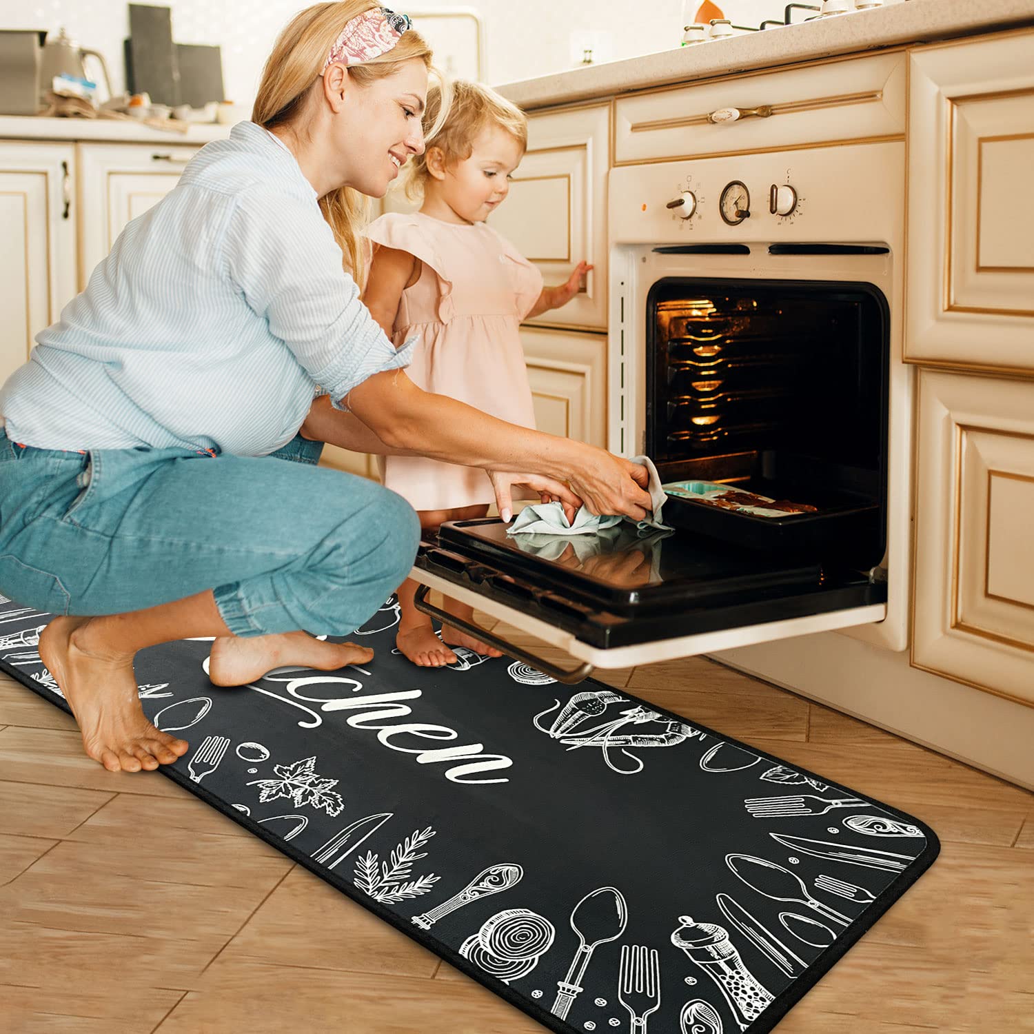 2 PCS Kitchen Rugs and Mats Non Skid Washable Black Kitchen Mat Soft Super Absorbent Anti Fatigue Kitchen Mat Runner Set Doormat Bathroom 17"x47"+17"x30" - Image 4