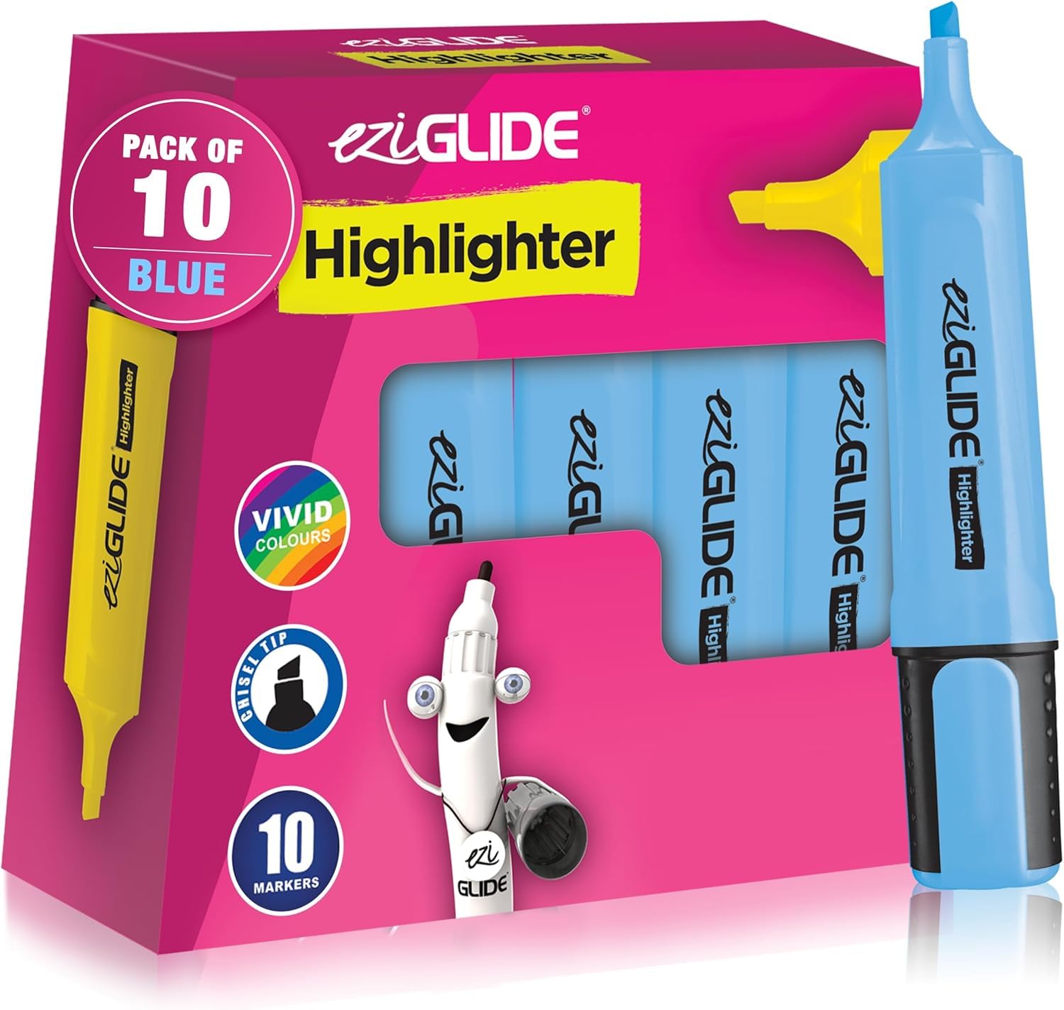 Eziglide 10-Pack Blue Highlighters Pens – Chisel Tip Markers (1-4.5mm) for Precise & Clear Marking – Fast-Drying, Smudge-Free Ink, Ideal for Highlighting, Studying & Colouring at Work, & School