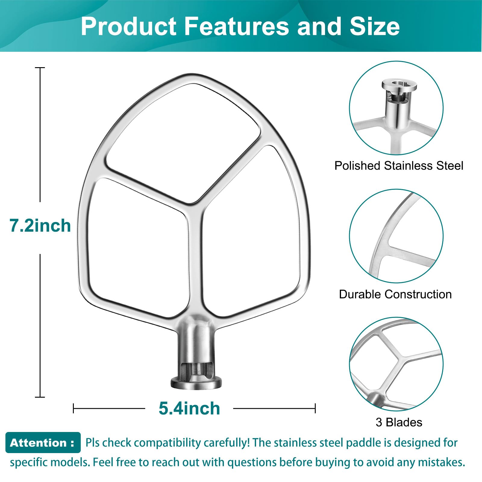 Flat Beater Compatible with KitchenAid 5-6 Quart Bowl-Lift Stand Mixer, airkitrep Polished Stainless Steel Paddle Attachment Replacement for Kitchen Aid Stand Mixers