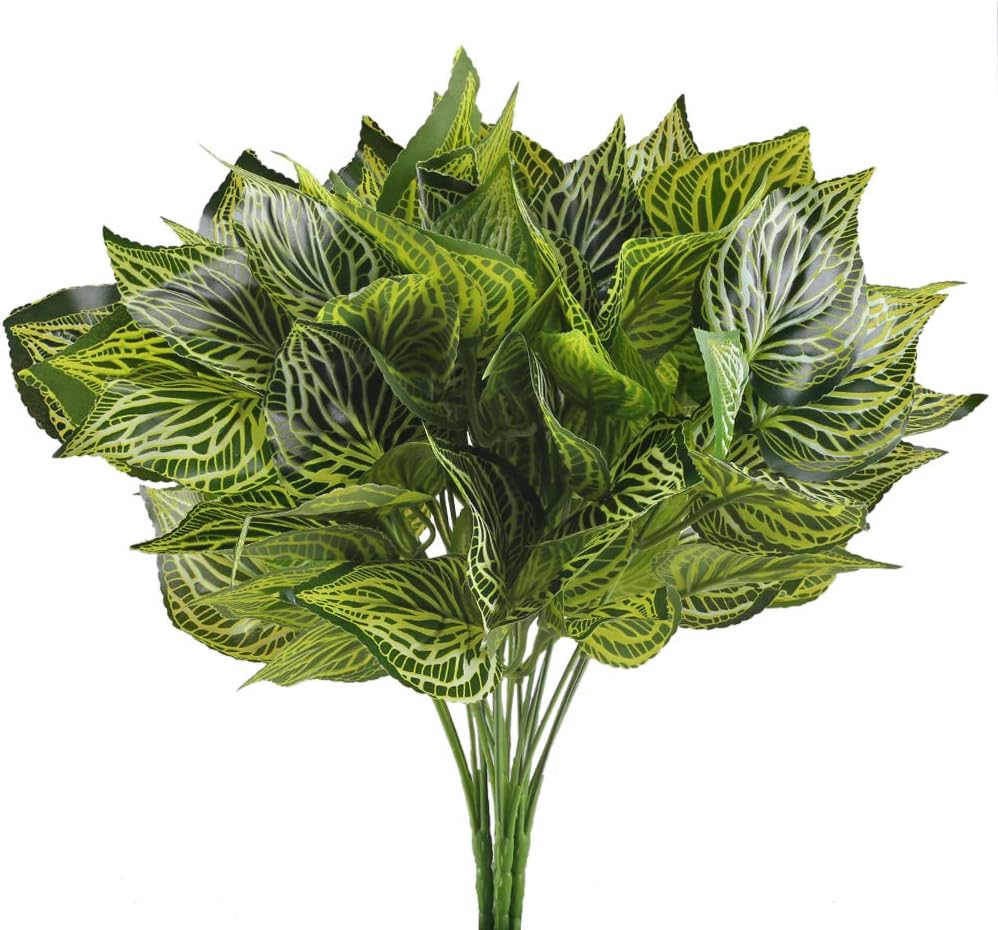 MIHOUNION 4 pcs Artificial Plants Artificial Leaves Silk Foliage Stems Faux Tropical Leaves shrubs for Pot vase outdoor Wedding Garden Decor Variegated Color