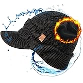 TOP-EX DryKnit™ Waterproof 50% Merino Wool Visor Beanie Hat for Men Fleece Lined Winter Hat with Brim for Big Heads