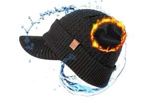 TOP-EX DryKnit™ Waterproof 50% Merino Wool Visor Beanie Hat for Men Fleece Lined Winter Hat with Brim for Big Heads