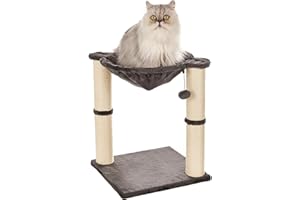 Amazon Basics Cat Condo Tower with Hammock Bed and Scratching Post,Easy to Assemble,Plush Hammock,Interactive Hanging Ball, Durable Sisal Scratch Posts for Indoor Cats, 15.8 x 15.8 x 19.7 Inches, Gray