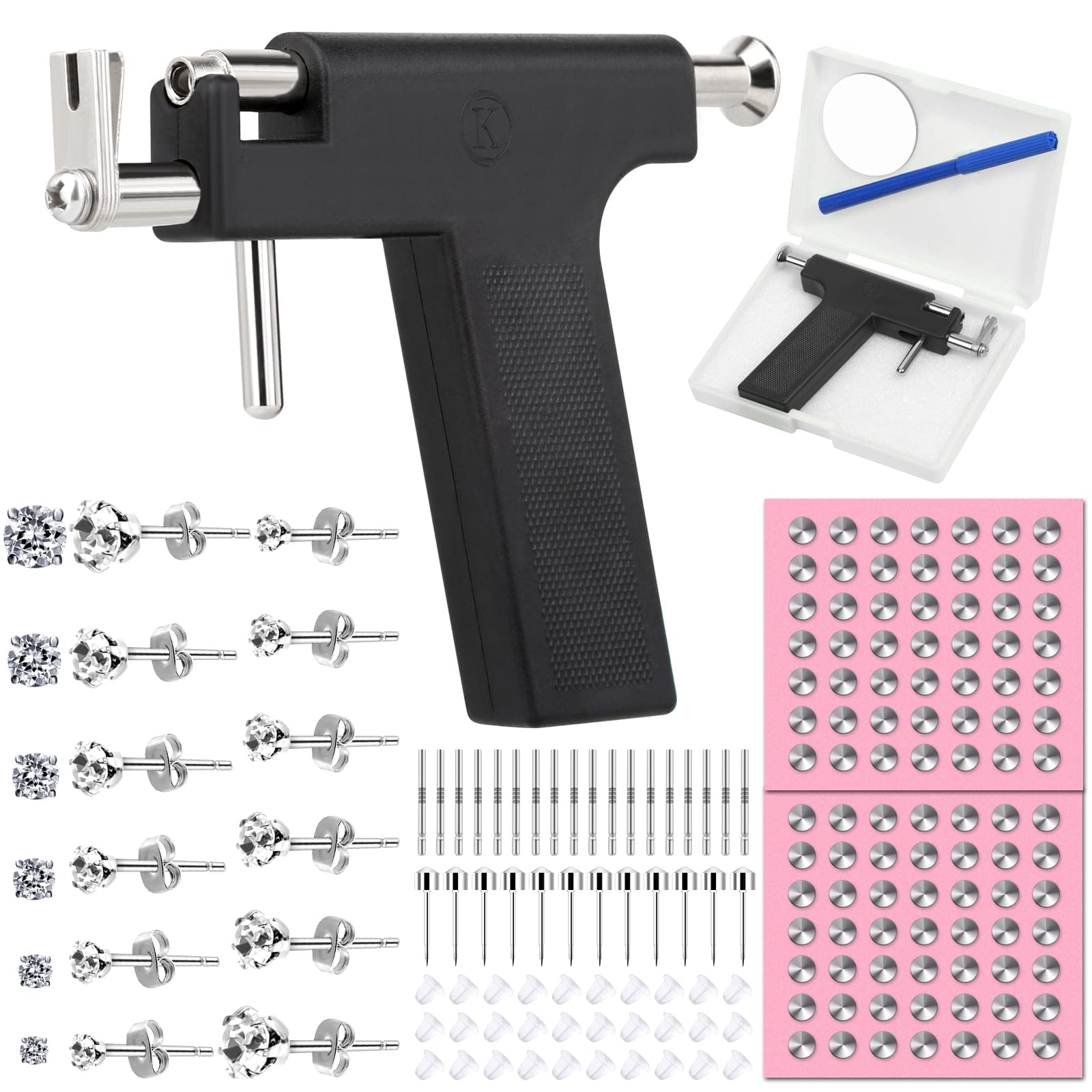 Photo 1 of Professional Ear Piercing Gun Kit, Reusable Piercing Gun with Stainless Steel Piercing Earrings Studs, Crystal Earrings for At Home Salon Earlobe Cartilage Helix Tragus Piercing Tool Kit