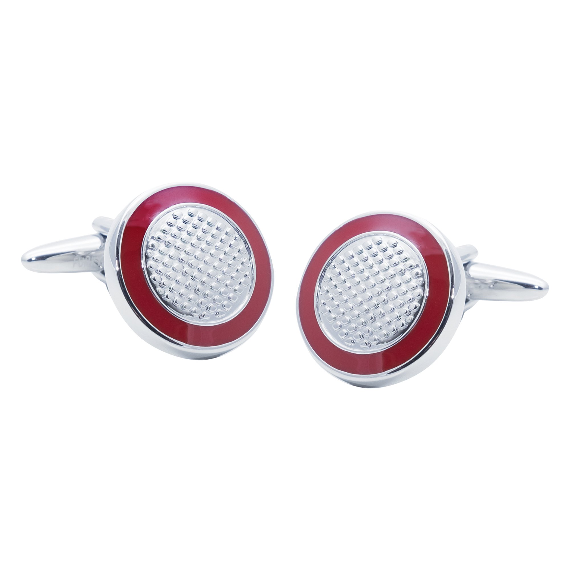 Round Metal Textured Cufflinks with Rich Red Surround