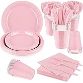 Aodaer 200 Pieces Pink Party Supplies Disposable Dinnerware Set Include Plastic Plates Cups Knives Forks Spoons Paper Napkins for Birthday Wedding Graduation Parties, Serve 25 Guests