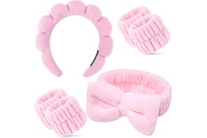 Bunrod 6 Pieces Spa Headband and Wristband Set Puffy Makeup Headband for Washing Face, Skincare Headbands with Face Wristbands for Women Girls (Pink)
