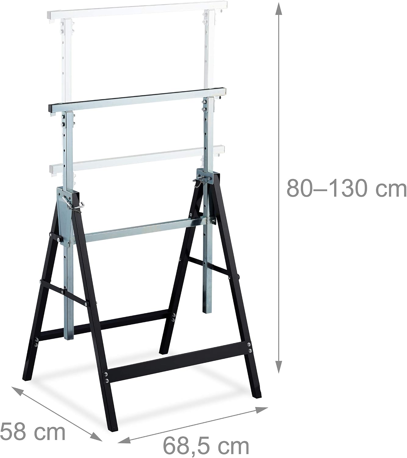 Relaxdays Folding Saw Horse Set of 2, Sturdy Trestle Stand, Up to 200 kg, Height-Adjustable, 80-130 cm, Black-Silver - Image 5
