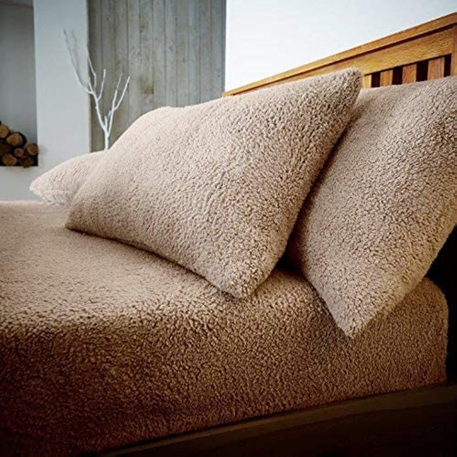 Sleepdown Teddy Fleece Fitted Sheet Plain Thermal Warm Cosy Super Soft Bedsheet Bed Linen - Double - Natural