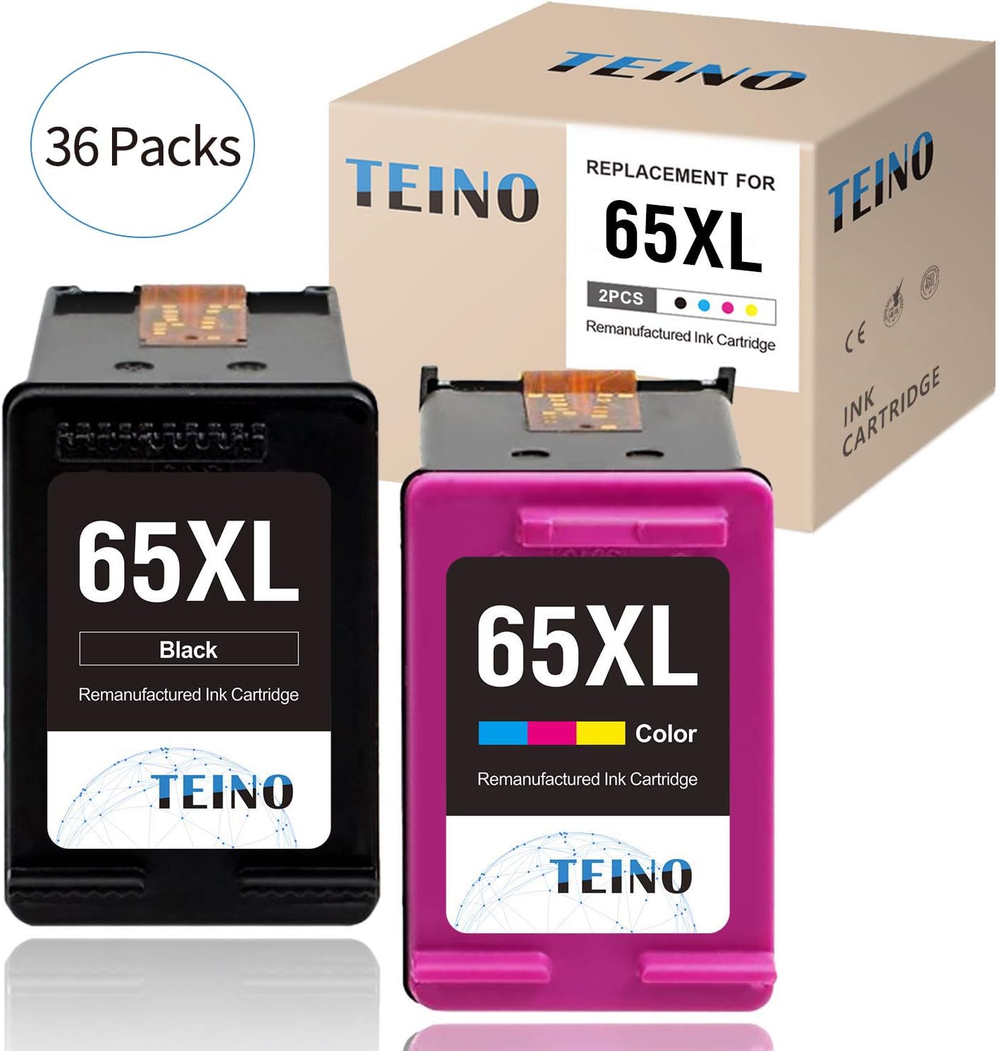 Case of 36 Packs, 2/Pack, TEINO Remanufactured Ink Cartridge Replacement for HP 65XL 65 XL use with Envy 5055 5052 5058 DeskJet 3755 2652 2622 3752 2655 3720 2624 3722 3730 (Black, Tri-Color)