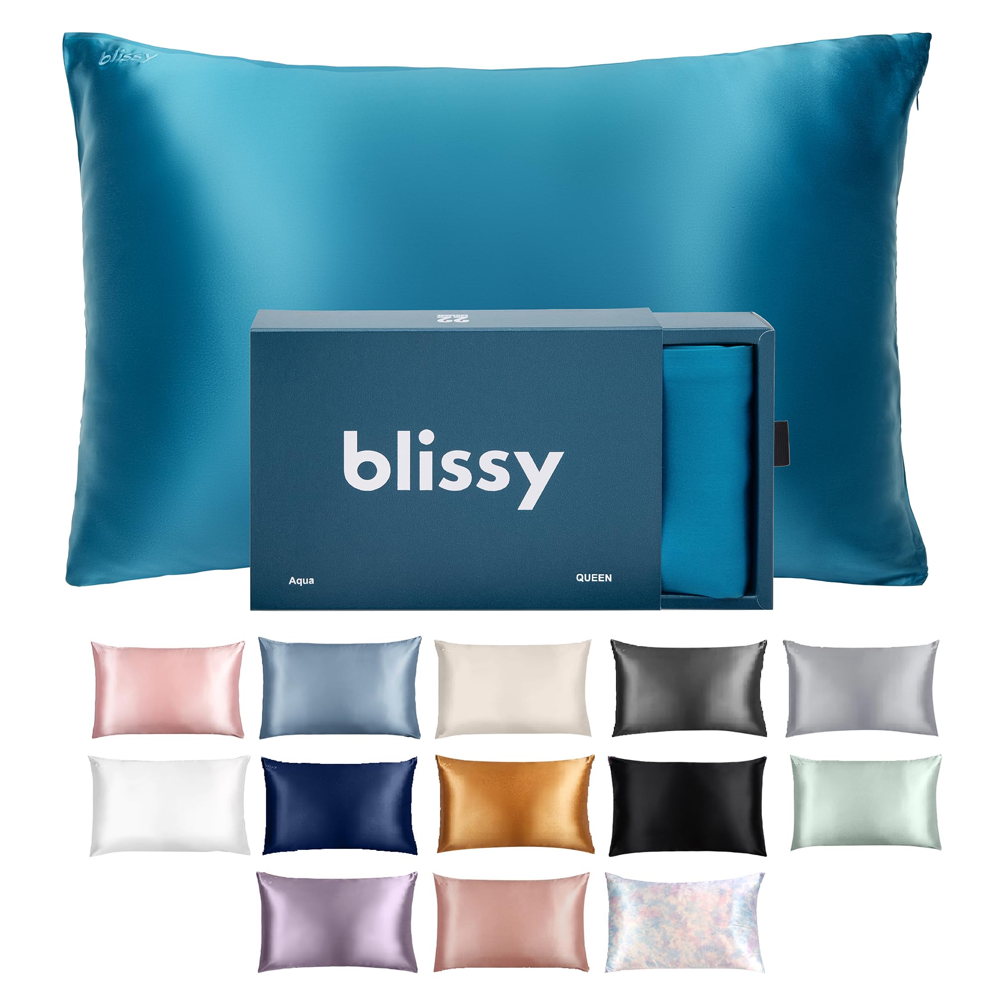 Blissy Silk Pillowcase - 100% Pure Mulberry Silk - 22 Momme 6A High-Grade Fibers - Silk Pillow Cover for Hair & Skin - Regular, Queen & King (Aqua, Standard) Image