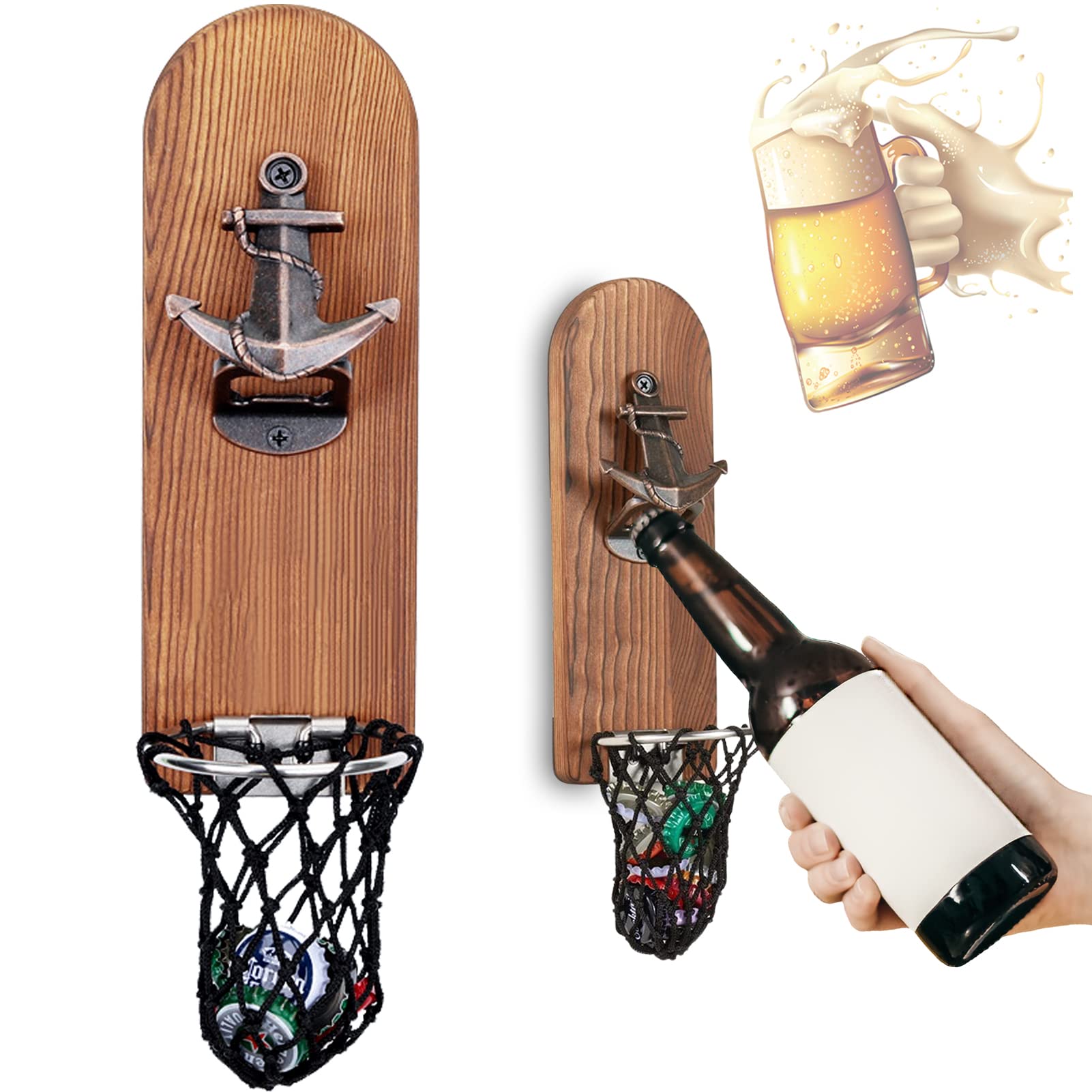 ZONSUSE Magnetic Bottle Openers with Netting Catcher, Wall Mounted Wooden Beer Bottle Opener, Boat Anchor Corkscrew, Home Bar Accessories for Kitchen, Garden, Outdoor, Ideal Beer Gifts for Men