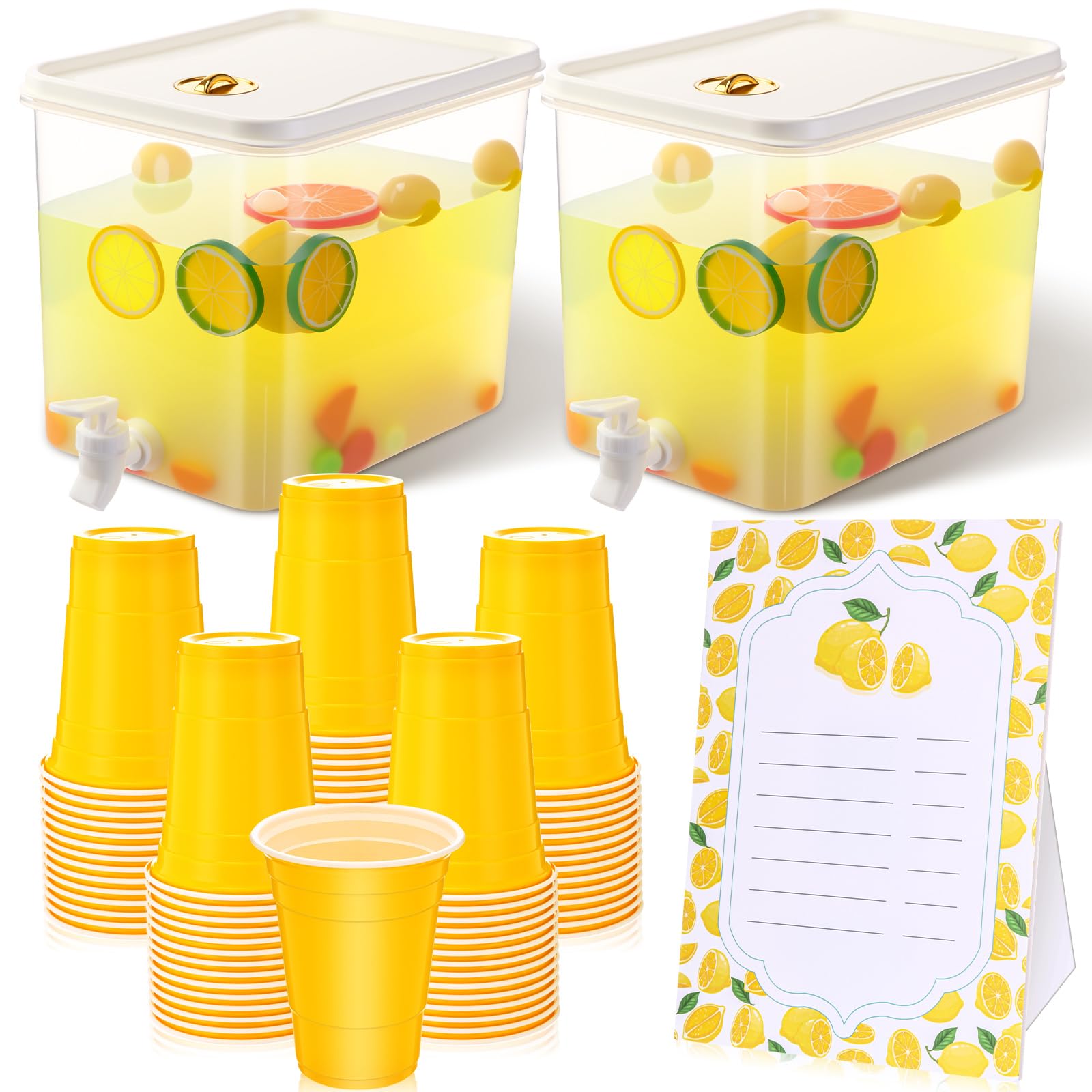 Photo 1 of Acellegic 103 Pcs Lemonade Stand Supplies 100 Pcs Plastic Lemonade Cups 2 Pack 2.3 Gallon Plastic Drink Dispenser with Spigot, Lemon Stand Sign for Summer Lemon Birthday Baby Shower Party Decor