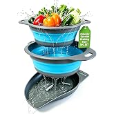 AUOON Collapsible Colander Set (3QT + 4QT) with Draining Base, Gray+Blue | Fast Draining, Heat-Resistant, Dishwasher Safe, Space-Saving, Food-grade TPE &amp; PP for Pasta Noodles Vegetables and Fruits