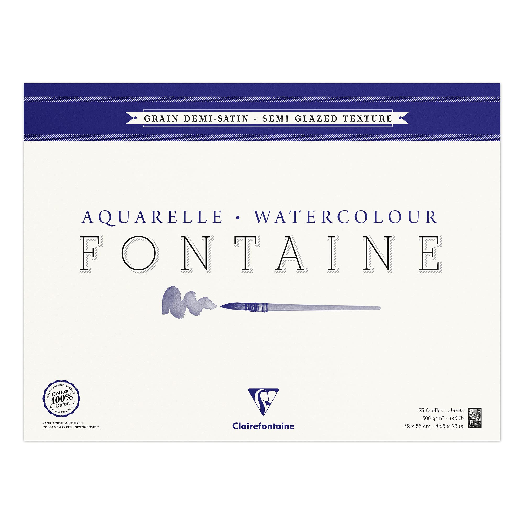 Clairefontaine - Ref 96409C - Fontaine Semi Hot Pressed Watercolour Glued Pad (25 Sheets) - 42 x 56cm Size, 300gsm Paper - Suitable for Watercolour Artwork