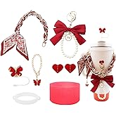 Stanley Cup Accessories set for 40oz & 30oz Tumbler including Water Bottle Handle Strap、Bow Keychain、Cup Ring、Bling Silicone Boots、butterfly Straw Topper、Charm Accessories for Stanley(Red)