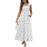 ECOWISH Women's Summer Maxi Dresses - 2026 Sleeveless Square Neck Ruffle Strap Smocked Flowy A Line Beach Vacation Sun Dress
