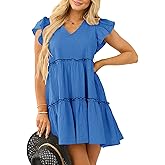 Oumrdeo Women’s Summer Babydoll Mini Dress V Neck Tie Back Ruffle Sleeve Casual Tiered Loose Flowy Swing Tunic Shift Dress