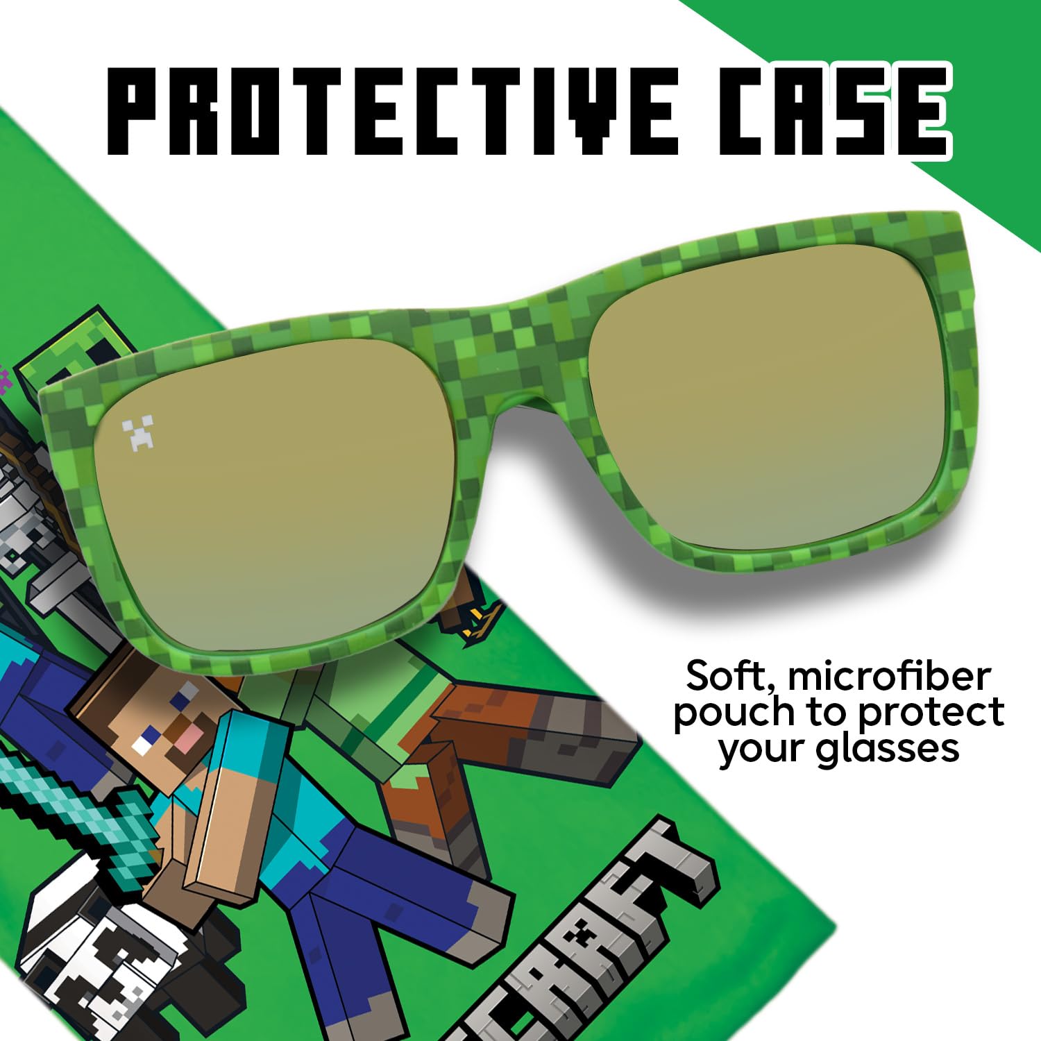 Sun-Staches Minecraft Sunglasses - Stylish, Comfortable & Durable UV-Protective Kids Glasses With Soft Carrying Case - Official Minecraft Gifts for Boys and Girls