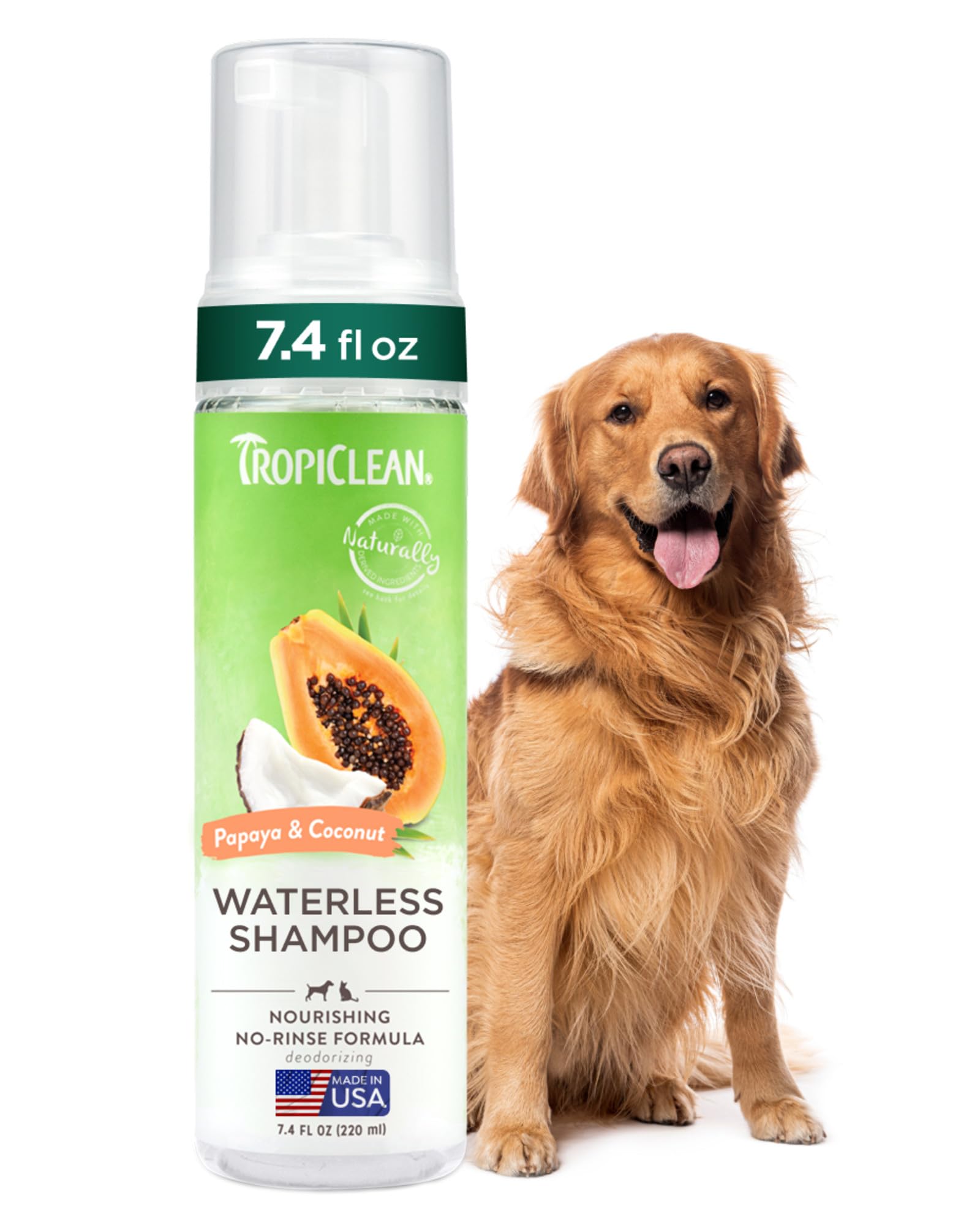 TropiClean Papaya Waterless Shampoo for Pets - Nourishing, No-Rinse Formula - Deodorising - For Dogs & Cats - from Parabens, Dye - Papaya & Coconut, 220 ml