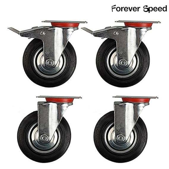 4 Stück 100mm Transportrollen Lenkrollen und Lenkrollen mit Bremse Schwerlastrollen Tragfähigkeit 210KG/SATZ Schwarz Gummi Stahlblech, Verzinkt Silber/Schwarz