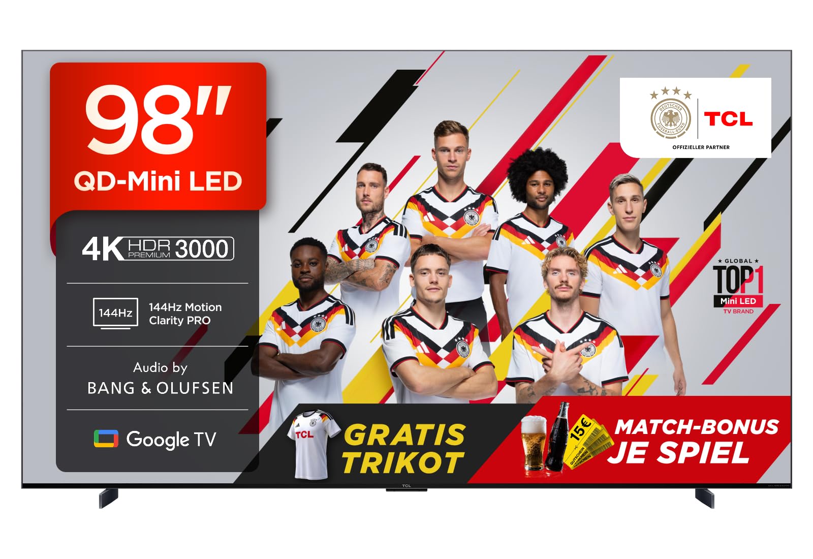 TCL 98C7K 98 Zoll QD-Mini LED Fernseher, 4K HDR Premium 3000, Smart Google TV mit 144Hz Motion Clarity Pro (Dolby Vision IQ & Atmos, CrystGlow HVA Panel)