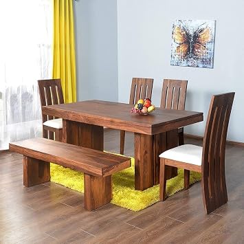 Strata Furniture Sheesham Wood 6 Seater Dining Table Set with 4 Chairs and 1 Bench Natural Teak Finish