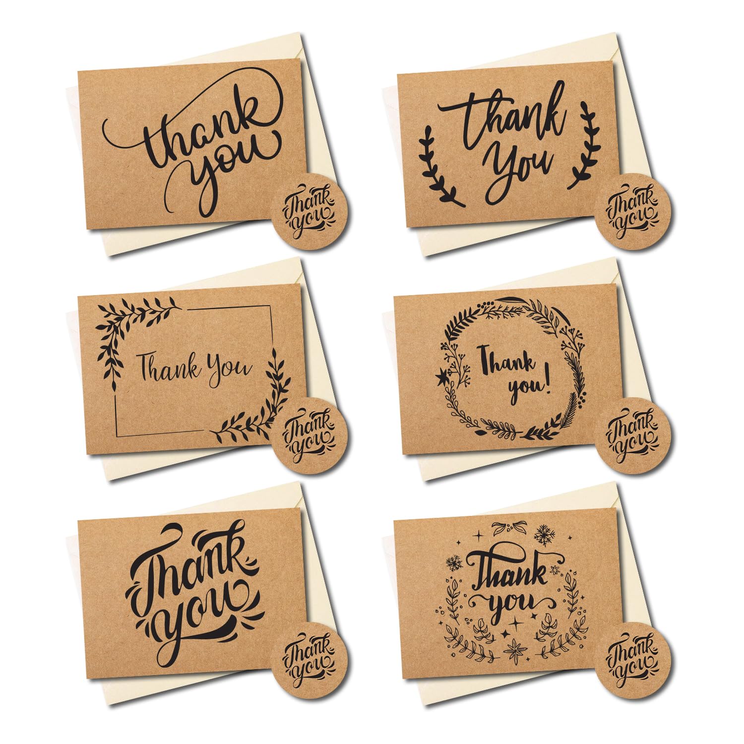PALAAKK 36 Pack thank you cards multipack with envelopes, Thank you notes for Kids,Weddings,Graduation, 36 Cream paper envelopes and 36 brown kraft cards with 40 thank you stickers