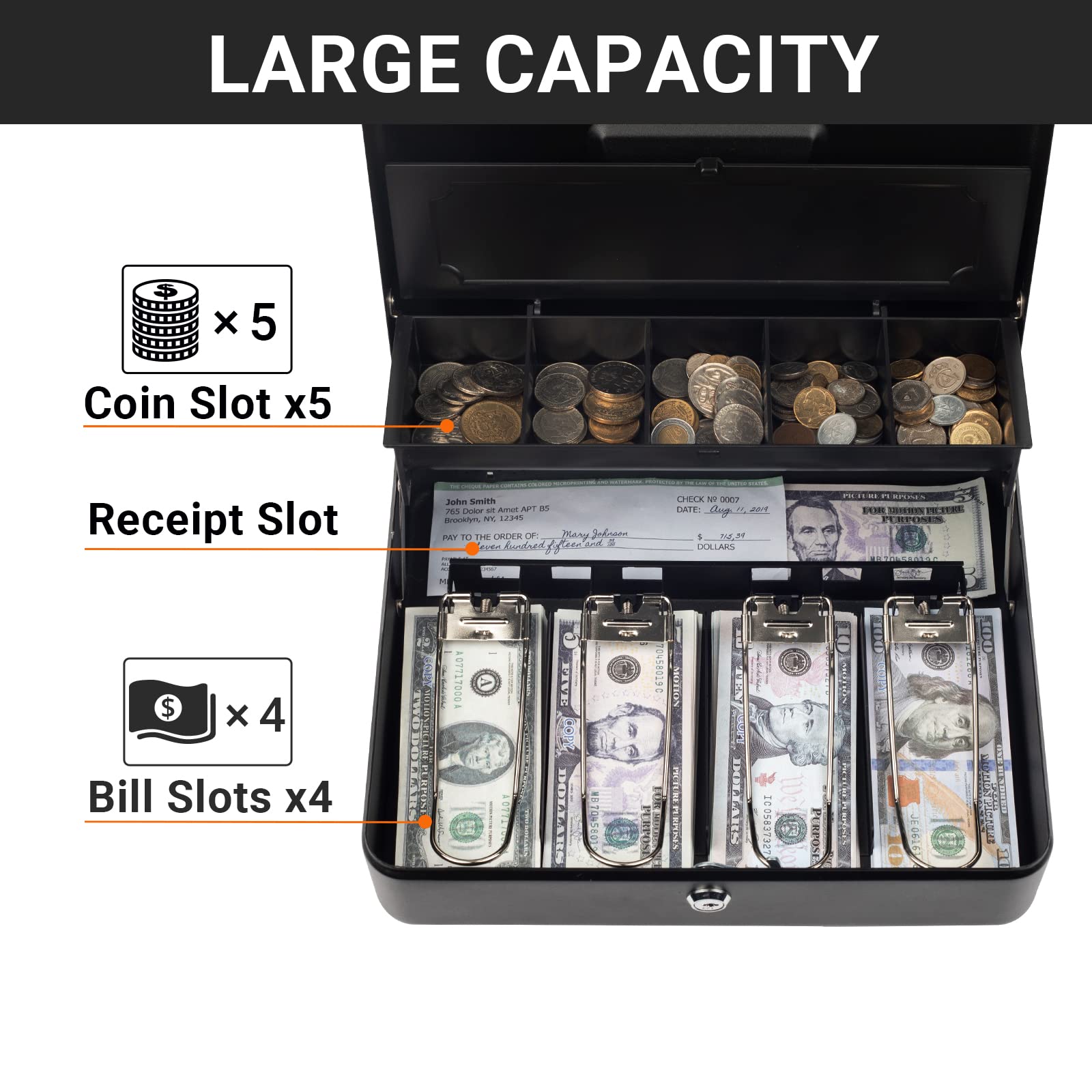 Tera Cash Box with Key Lock: Anti Theft Safe Lock Box with Money Tray 4 Bill 5 Coin Inner Tray 11.8