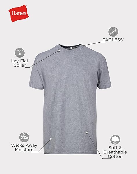 HANES MENS COTTON, MOISTURE-WICKING CREW TEE UNDERSHIRTS, MULTI-PACKS, BLACK/GREY/BLUE ASSORTED – 6 PACK, LARGE US