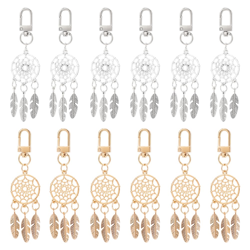 NBEADS 12 Pcs Dream Catcher Keychain, Alloy Keychain Pendants Woven Net with Feather Pendant Charms with Swivel Clasp for DIY Jewelry Crafts Making Hanging Decorations, Antique Bronze and Silver