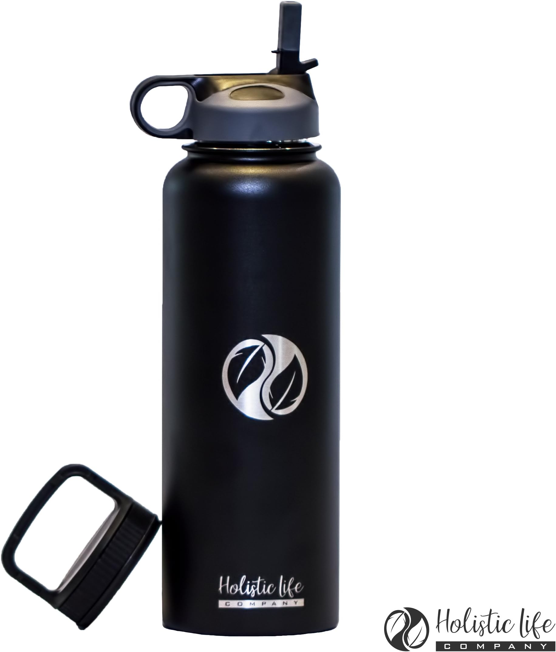 Holistic Flask - Stainless Steel Hydroflask Water Bottle Double Walled/Vacuum Insulated - BPA/Toxin Free – Wide Mouth with 2 Lids (Straw Lid and Carabiner Lid) , 32 oz. - 40oz.